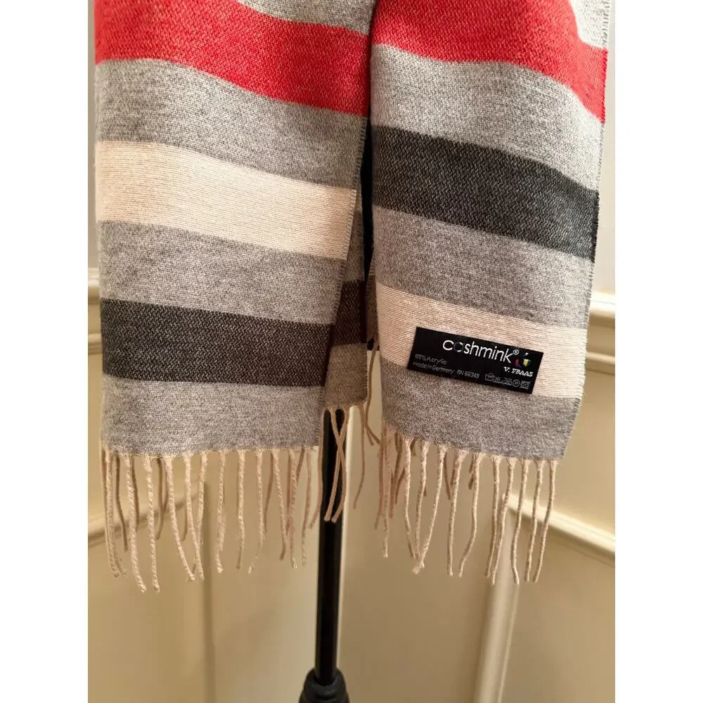 V Fraas Cashmink Scarf Made Germany Striped Red Gray Cream Fringed Wrap Acrylic